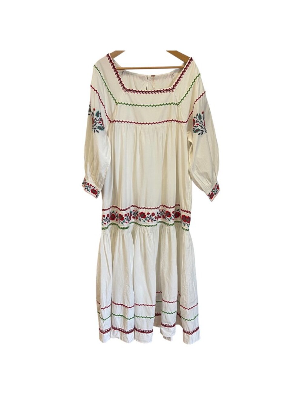 Free People Women Boho Embroidered Maxi Dress Size L Cottagecore Peasant Folk